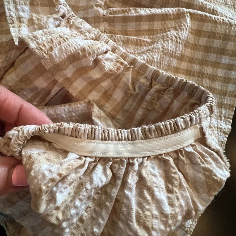 NWT J. Crew Seersucker Ruffleneck tiered mini dress, Sumner, Tan & White, Size 2